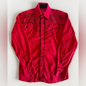 Patron Cito Red Label Western Pearl Snap Shirt Red Embroidered Size Small